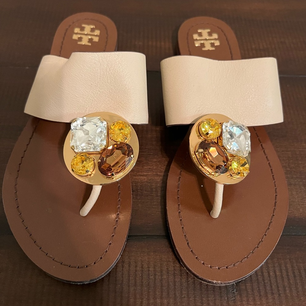 Tory Burch Gold Jewel Sandals size 7 EUC cream tan beige